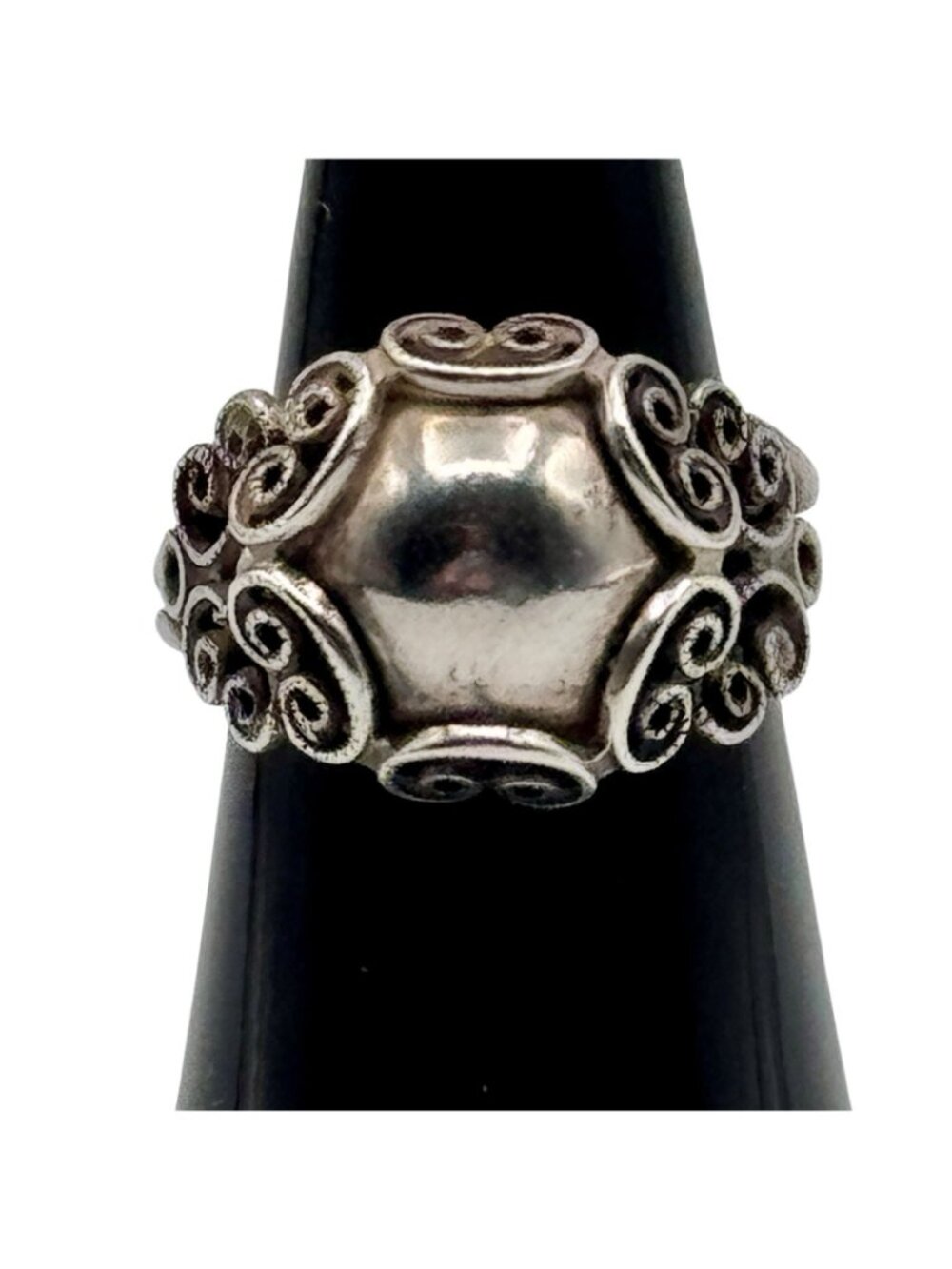 Beau Sterling Dome Ring Filigree Art Nouveau Revival Vintage 1970s Adjustable - Picture 2 of 10
